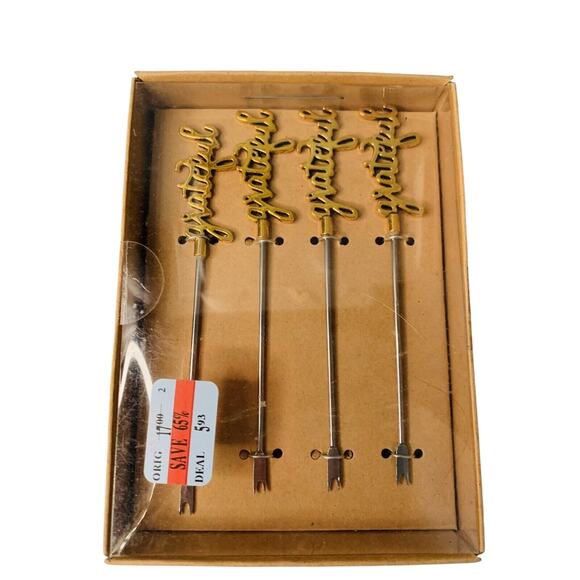 (2) Sets Of 4 Cocktail Picks 2 Prong Metal Gold Grateful Appetizer Forks New - Picture 3 of 5